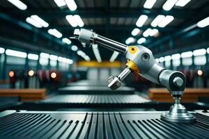 a robotic arm is sitting on a table in a factory. AI-Generated photo