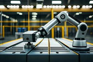 a robotic arm is on a table in a factory. AI-Generated photo