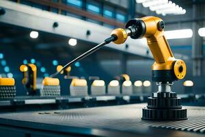a robotic arm is on a conveyor belt in a factory. AI-Generated photo