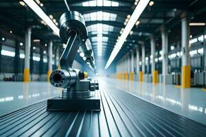 a robot is standing in a factory with a large machine. AI-Generated photo