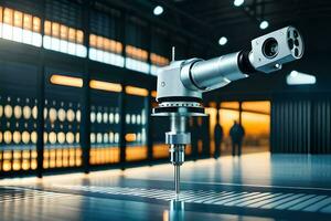 a robotic arm is holding a machine in a factory. AI-Generated photo