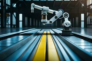 a robotic arm is on a conveyor belt in a factory. AI-Generated photo