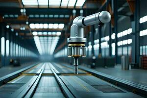 a robotic arm is standing on a track in a factory. AI-Generated photo