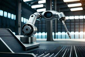 a robotic arm is sitting on a table in a factory. AI-Generated photo