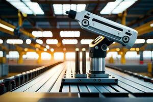 a robotic arm on a conveyor belt in a factory. AI-Generated photo
