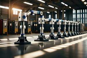 a row of industrial robots in a factory. AI-Generated photo