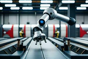 a robot is standing on a conveyor belt in a factory. AI-Generated photo