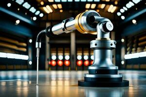 a robotic arm is sitting on a floor in a factory. AI-Generated photo