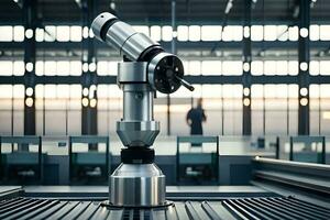 a robotic arm is sitting on a table in a factory. AI-Generated photo