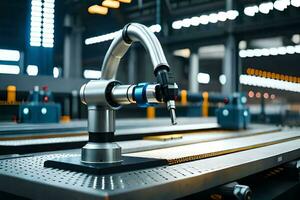 a robotic arm is on a table in a factory. AI-Generated photo