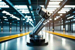 a robotic arm is sitting on a table in a factory. AI-Generated photo