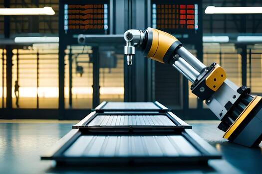 un robótico brazo es sentado en un mesa en frente de un grande edificio. generado por ai foto