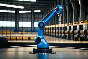 a robotic arm is sitting on a table in a factory. AI-Generated photo