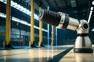 a robotic arm is sitting on a floor in a warehouse. AI-Generated photo