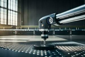 a robotic arm is sitting on a table in a factory. AI-Generated photo