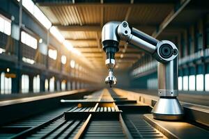 a robotic arm is sitting on a track in a factory. AI-Generated photo