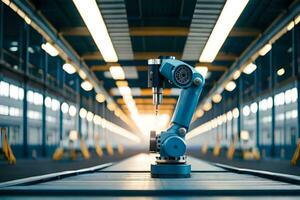 a robot is sitting on a conveyor belt in a factory. AI-Generated photo