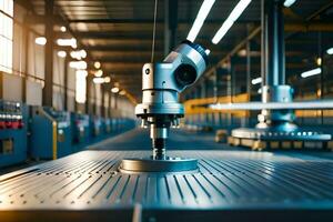 a robotic arm is on a conveyor belt in a factory. AI-Generated photo