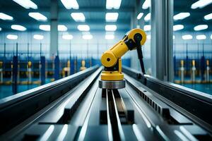 a robotic arm is on a conveyor belt in a factory. AI-Generated photo