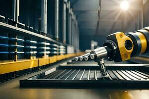 a robotic arm is working on a machine in a warehouse. AI-Generated photo