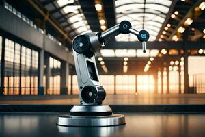 a robot is standing in front of a large warehouse. AI-Generated photo