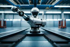 a robot is standing on a conveyor belt in a factory. AI-Generated photo