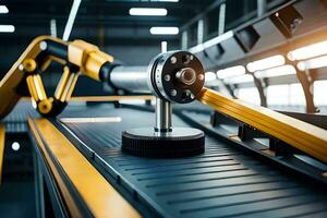 a robotic arm is moving a piece of metal on a conveyor belt. AI-Generated photo