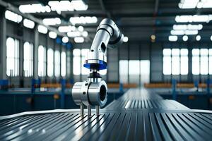 a robotic arm is sitting on a table in a factory. AI-Generated photo