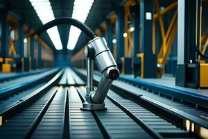 a robotic arm is on a conveyor belt in a factory. AI-Generated photo