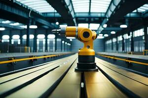 a yellow industrial robot is sitting on a conveyor belt. AI-Generated photo