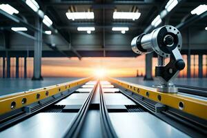 a robot is sitting on a conveyor belt in a factory. AI-Generated photo