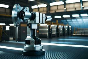 a robot is sitting on a metal machine in a factory. AI-Generated photo