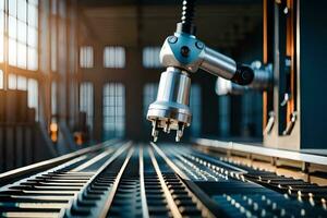 a robotic arm is on a conveyor belt in a factory. AI-Generated photo