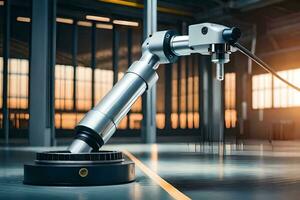 a robotic arm is sitting on a floor in a factory. AI-Generated photo