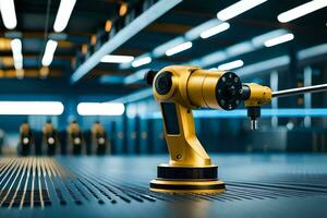 a robotic arm is sitting on a table in a factory. AI-Generated photo
