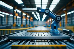 a robotic arm is standing in front of a conveyor belt. AI-Generated photo