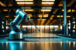 a robotic arm is sitting on a table in a factory. AI-Generated photo
