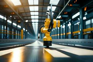 a yellow industrial robot is standing in a factory. AI-Generated photo