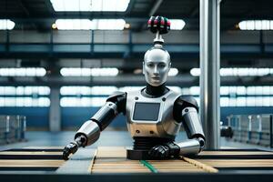 a robot is sitting on a table in a factory. AI-Generated photo