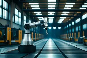 a robotic arm is standing in front of a factory. AI-Generated photo