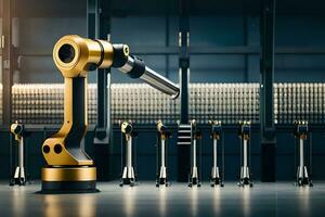 a robotic arm is standing in front of a row of metal pipes. AI-Generated photo