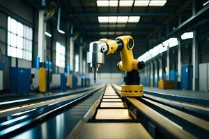 a robotic arm is on a conveyor belt in a factory. AI-Generated photo