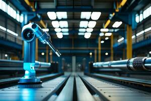 a robot is standing on a conveyor belt in a factory. AI-Generated photo