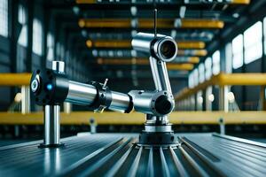 a robotic arm is sitting on a table in a factory. AI-Generated photo