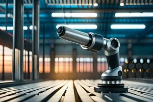 a robotic arm is sitting on a table in a factory. AI-Generated photo