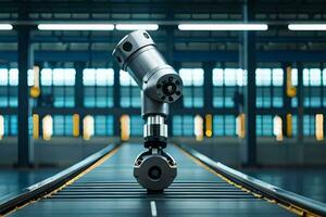 a robot is sitting on a conveyor belt in a factory. AI-Generated photo