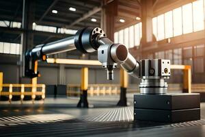 a robotic arm is sitting on a table in a factory. AI-Generated photo
