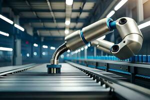 a robotic arm is on a conveyor belt in a factory. AI-Generated photo