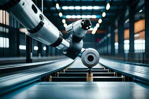 a robot is working on a conveyor belt in a factory. AI-Generated photo
