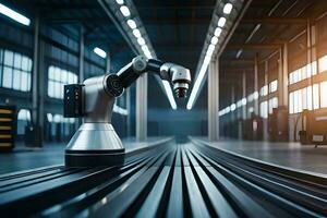 a robotic arm is standing in front of a factory. AI-Generated photo
